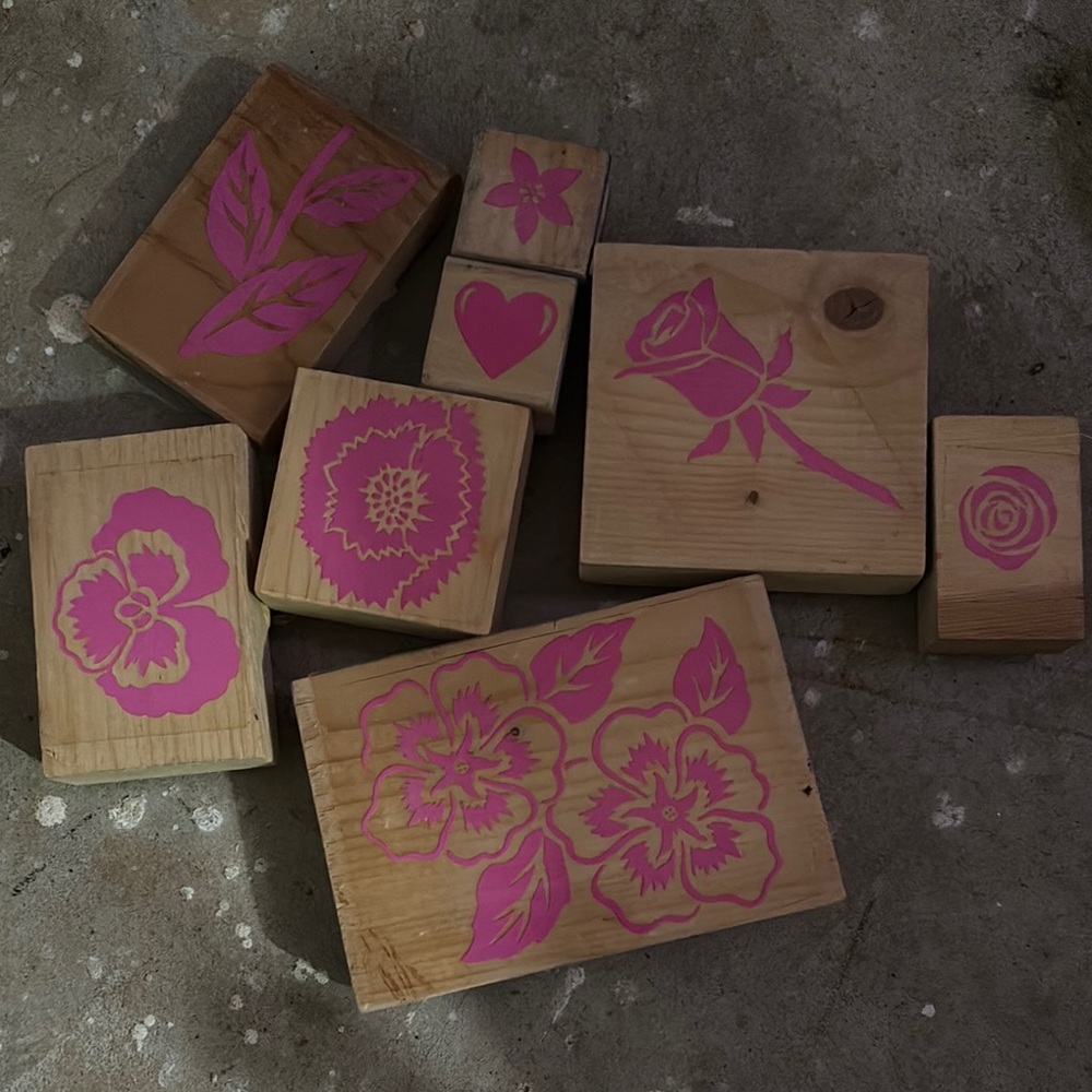 Floral Pink Wooden Stamps Set assortment of Flowers and Shapes